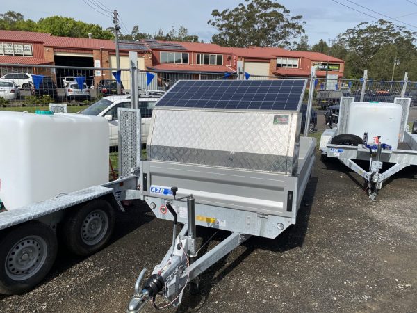 Cargo trailer tool box for secure storage and easy access to tools during transport. Large loading area for sheet material or pallets and heavy duty boxes. Available with solar station for offsite power/ farm working